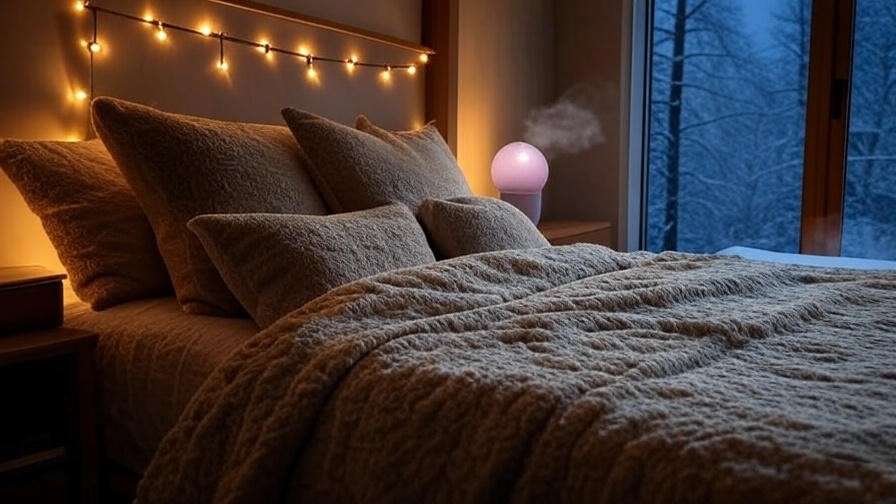Cozy sleep-friendly bedroom with warm lighting, lavender diffuser, and snowy winter view.