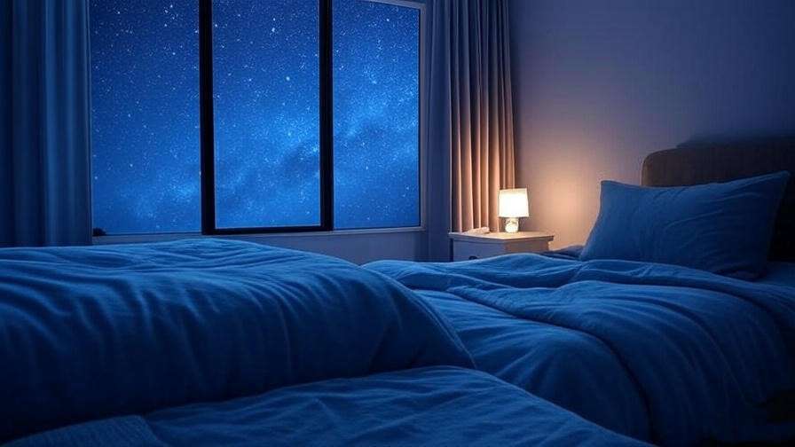Serene bedroom with blackout curtains, cozy bedding, and white noise machine for optimal sleep environment.
