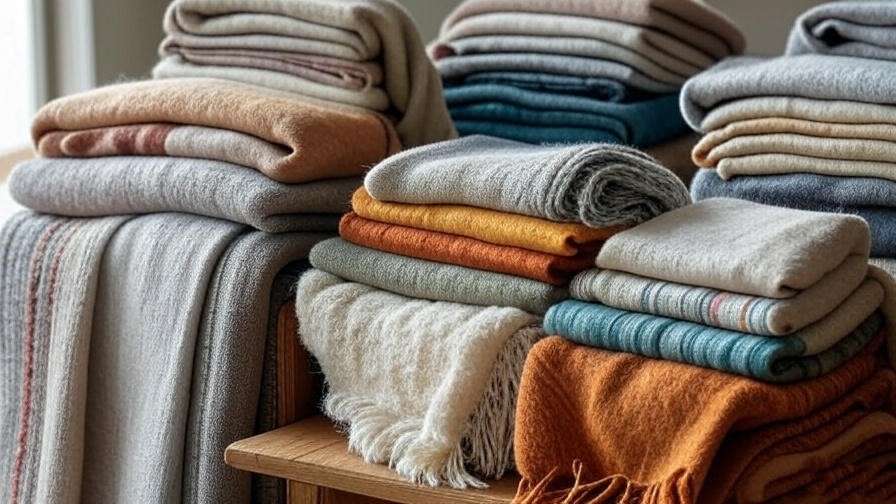 Close-up of meditation shawl materials like cotton, wool, cashmere, silk, and bamboo showcasing textures and colors