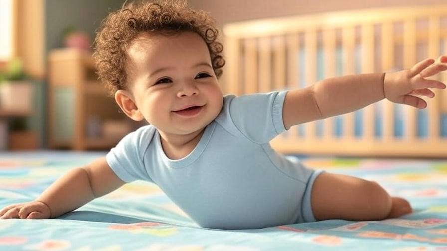  Illustration of baby rolling over milestone during tummy time for healthy development. 