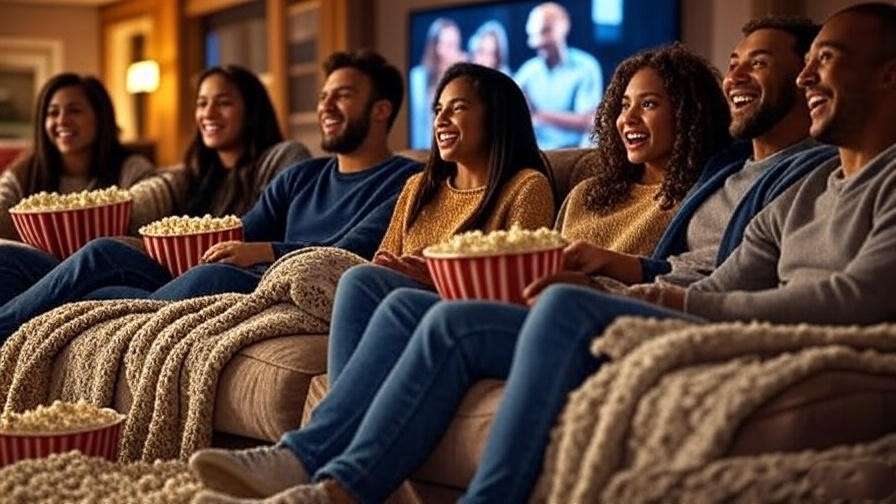 Group of friends enjoying a cozy movie night with popcorn and blankets.