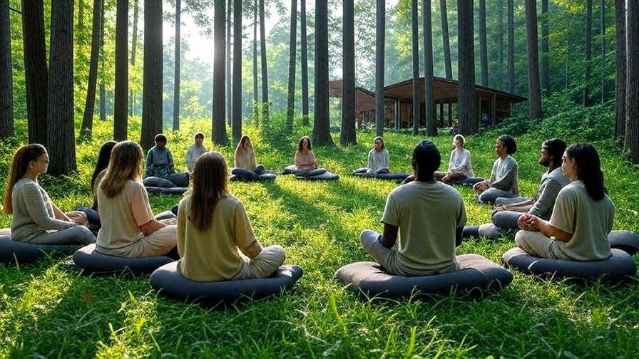 Group meditating in serene forest at Insight Meditation Society retreat center