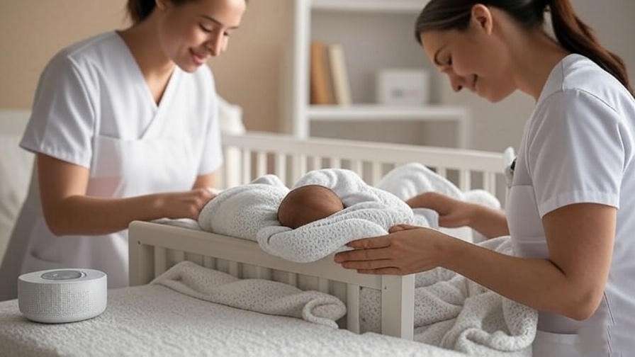 Pediatric nurse adjusting baby blanket in a calm nursery with crib and white noise machine.