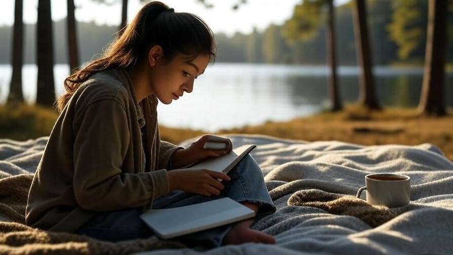 Person journaling in a peaceful nature setting for elders meditation of the day routine.