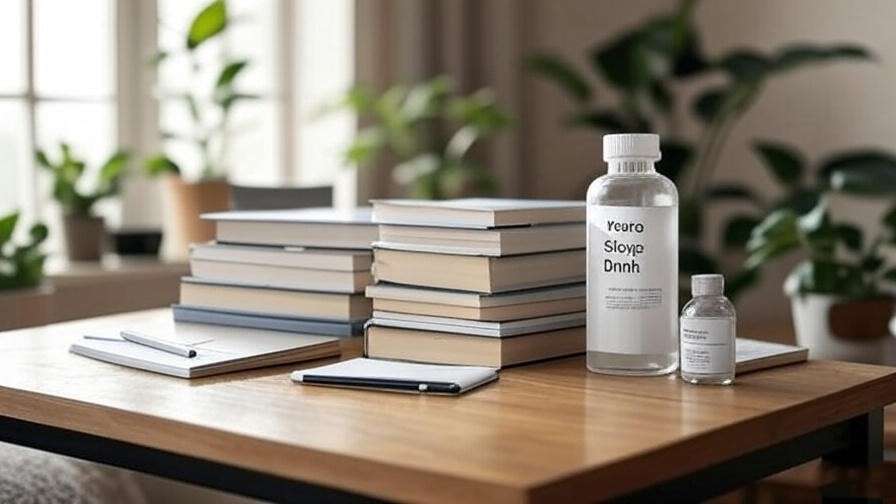Stack of sleep wellness books with Neuro Sleep Drink bottle on a wooden desk