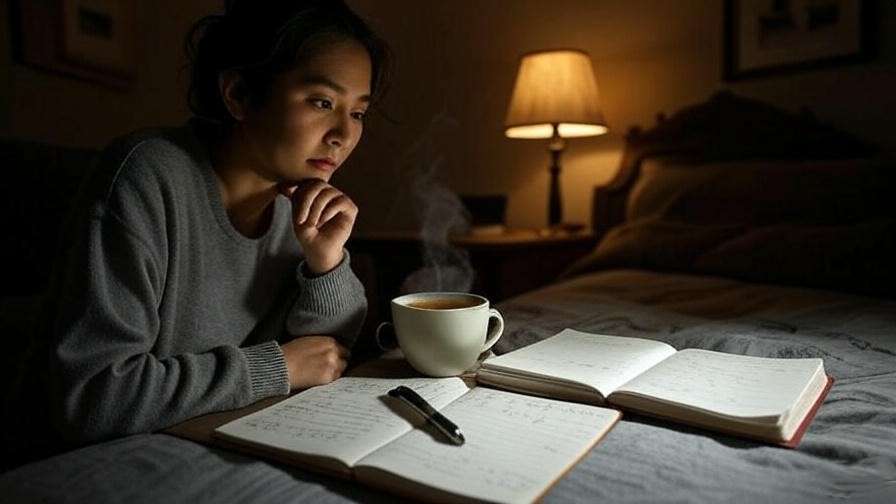 Person journaling with sleeper tea by bedside lamp for relaxation.