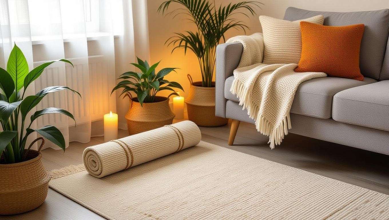 Rolled meditation rug stored in a basket with indoor plants in a living room.
