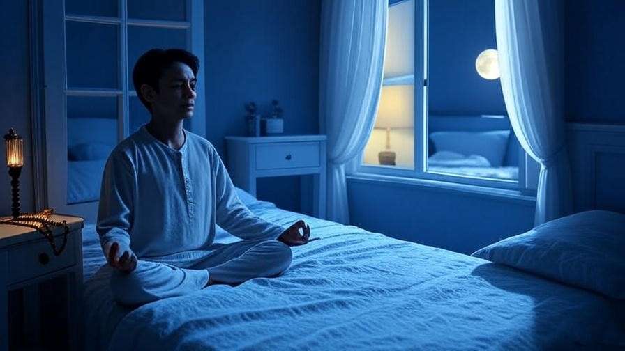 Person meditating in a bedroom with moonlight, Rosary, and journal for misterios luminosos meditados.