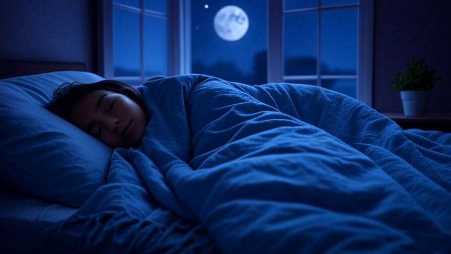 Serene bedroom with person sleeping peacefully under blue blanket, moonlit window, holistic sleep environment.