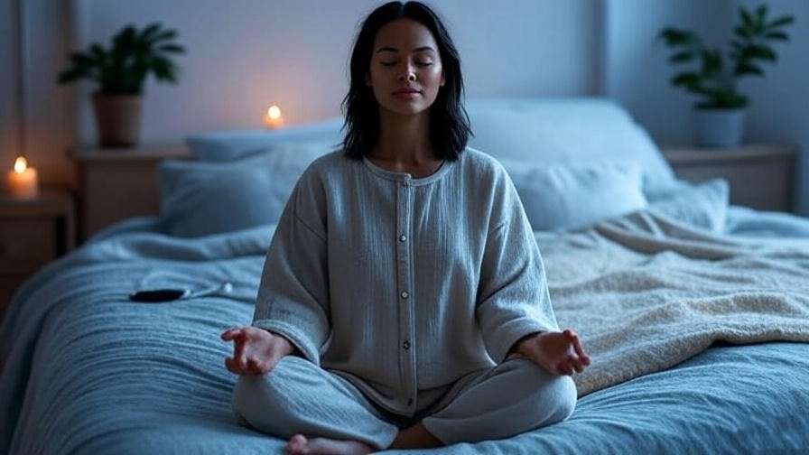 Woman meditating on bed with sleep mask for stress relief and menstrual health.