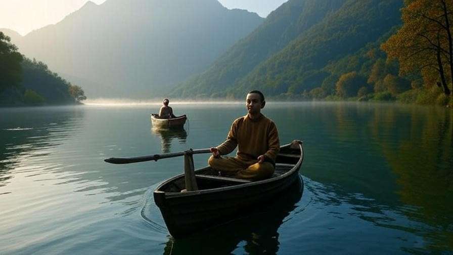 Person meditating on a boat at sunrise on a serene lake for fishing-inspired sleep meditation.