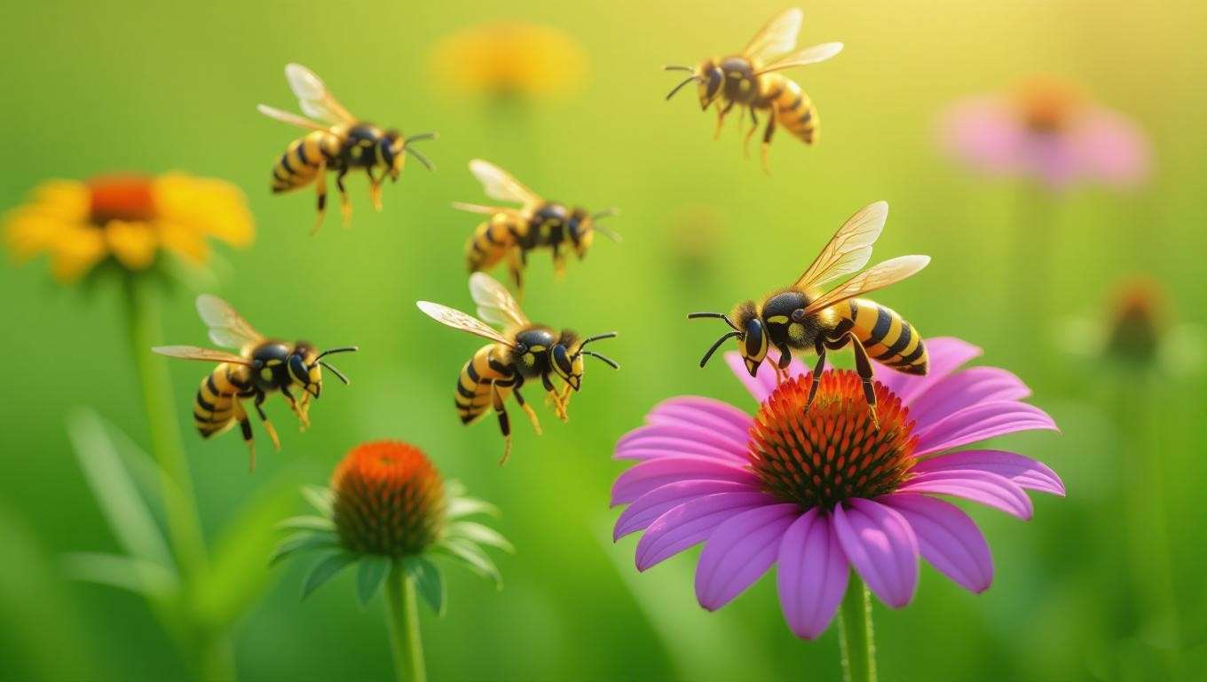Wasps pollinating flowers and controlling pests in lush field