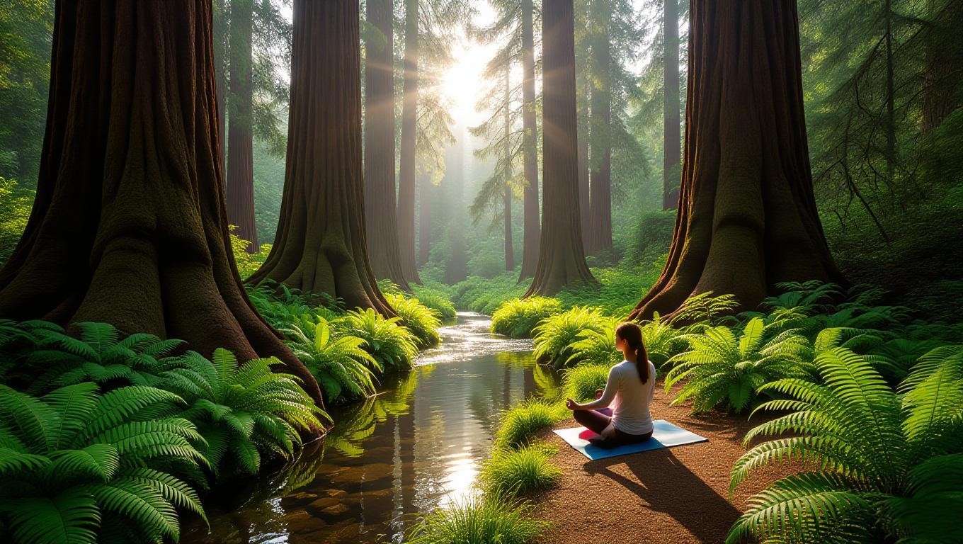 Person meditating by a creek in a serene Lagunitas redwood forest, promoting mindfulness.