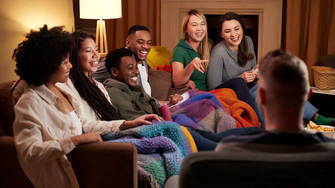 Friends watching TV in a cozy room, enjoying Happy's Place as part of a happiness ritual in 2024-25.
