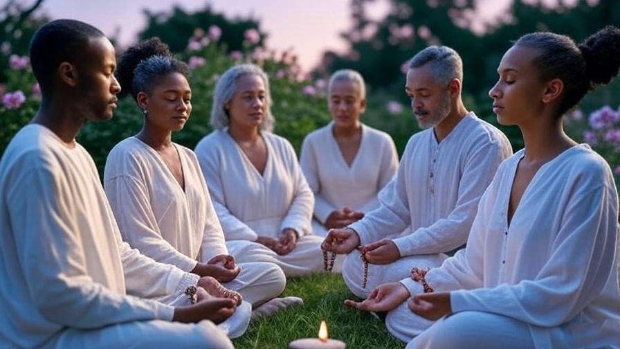 A group meditating with Rosary beads in a lush garden at dusk, surrounded by flowers and candlelight.
