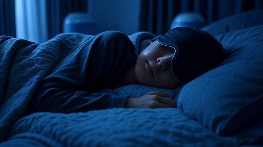 Person sleeping with sleep mask and earplugs in an optimized bedroom environment.