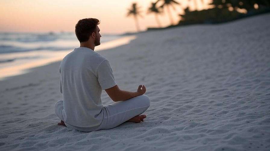 Traveler meditating on beach after Logan sleep park fly travel.