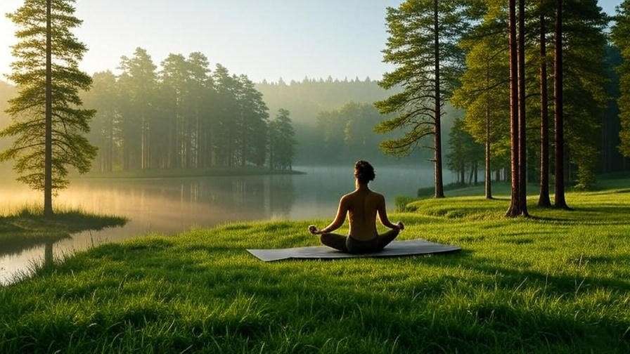 Serene forest meditation scene with a person in lotus pose by a calm lake, representing soothing nature sounds for grounding.