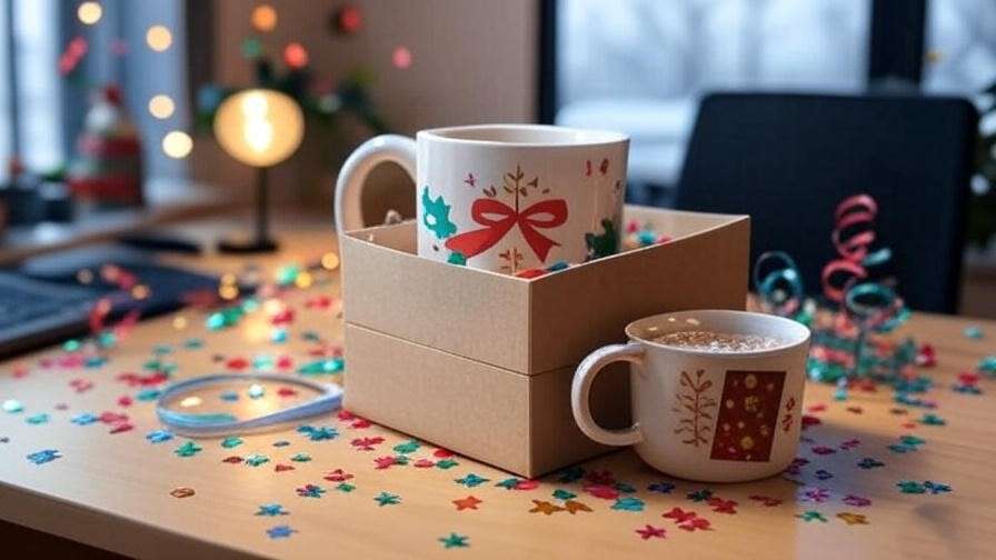 Cozy desk with a handmade gift box and funny mug for a work anniversary celebration.
