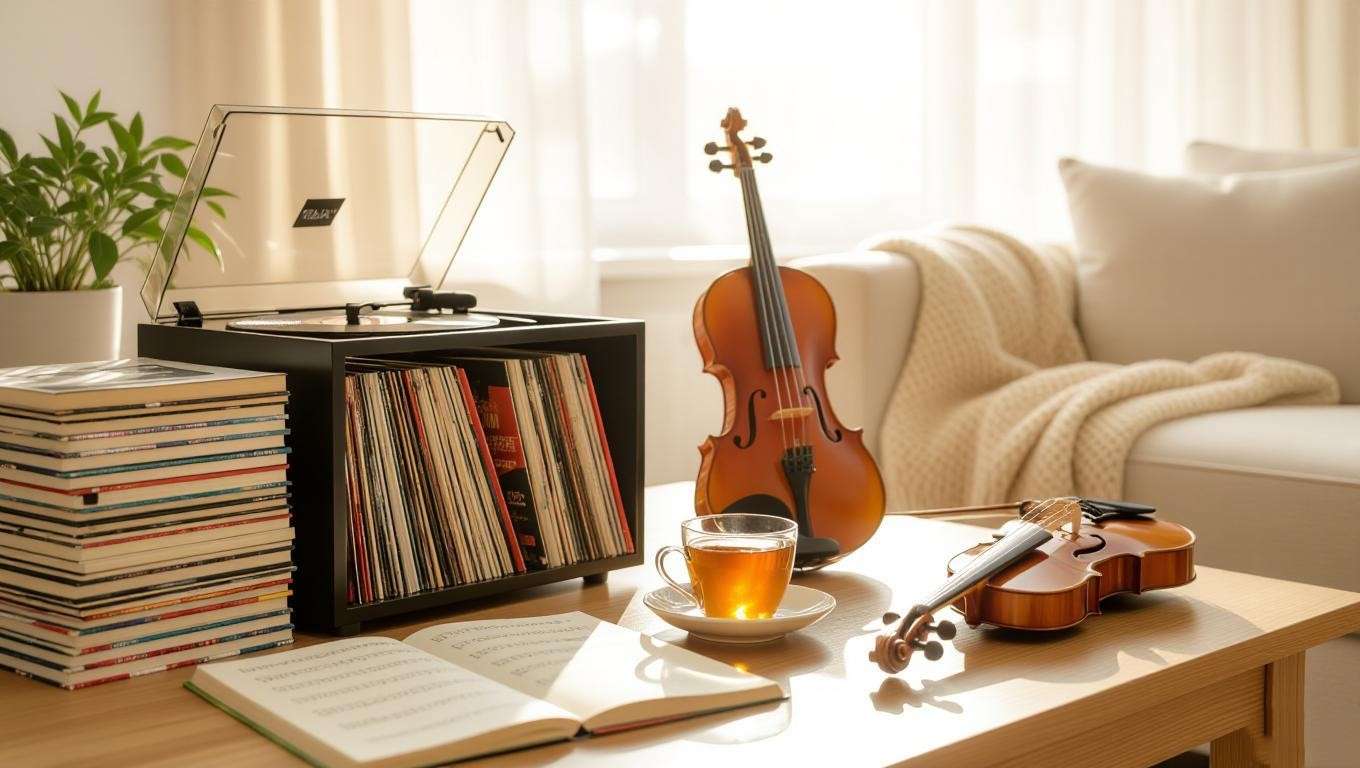Living room with Meditation by Thaïs sheet music and vinyl records for a playlist.