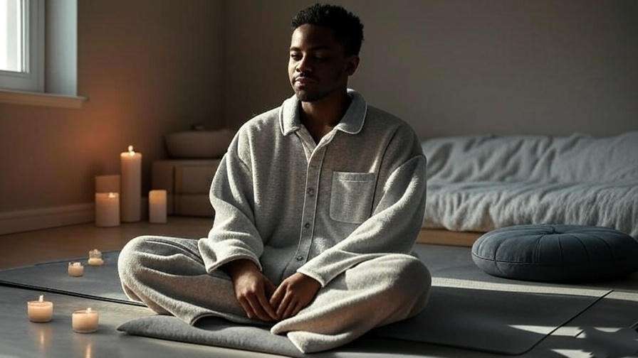 Person meditating in an oversized sleep shirt with candles in a serene bedroom.