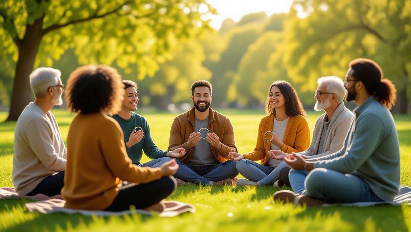 Diverse group using meditation rings in a peaceful park setting.