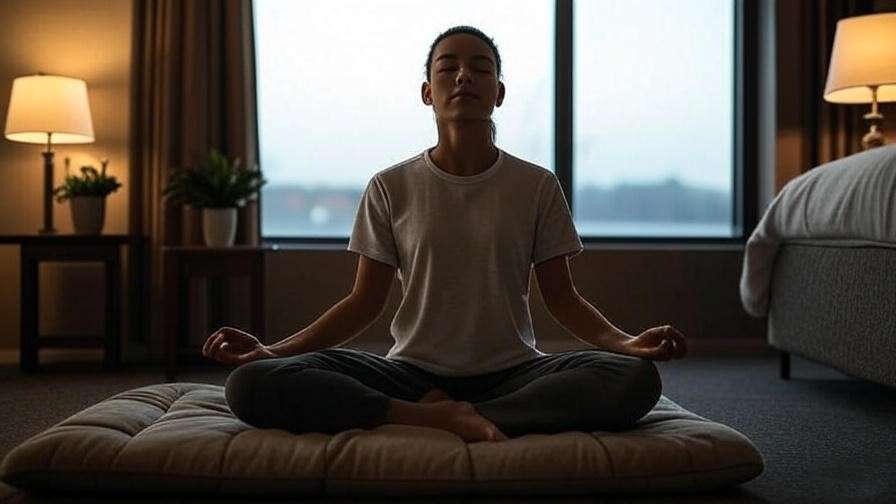 Person meditating in a motel room for sleep improvement at Sleep Woodstock Motel.