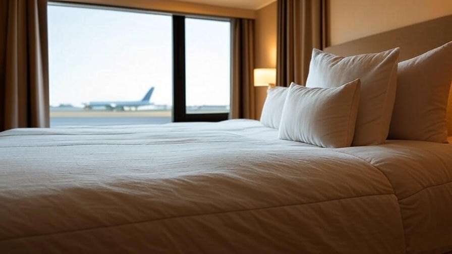 Cozy hotel room near Logan Airport with blackout curtains and a view of the runway.