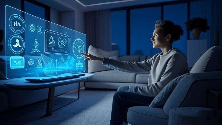 Person interacting with holographic AI wellness dashboard in a modern living room.
