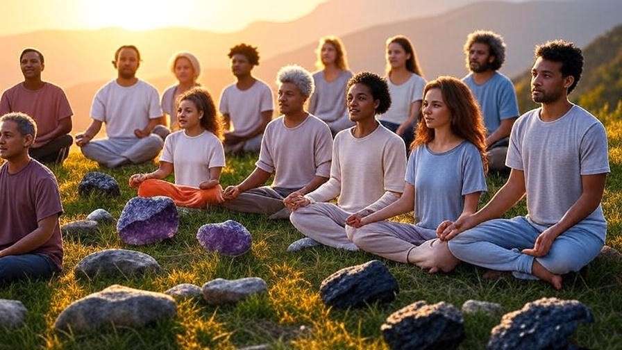 Group meditating with meditation rocks on a hill at sunset for well-being.