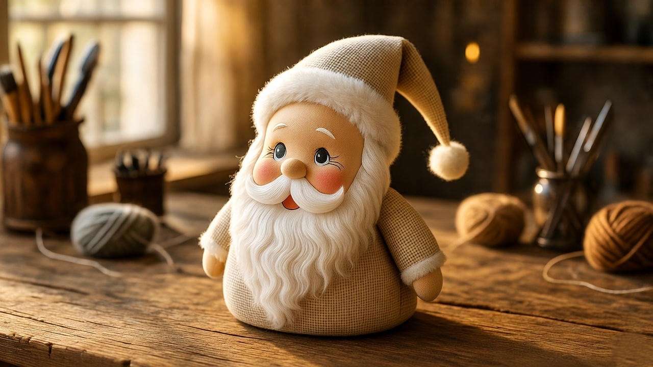Close-up of Possible Dreams Clothtique Santa showcasing detailed fabric texture and hand-painted face in a workshop setting.
