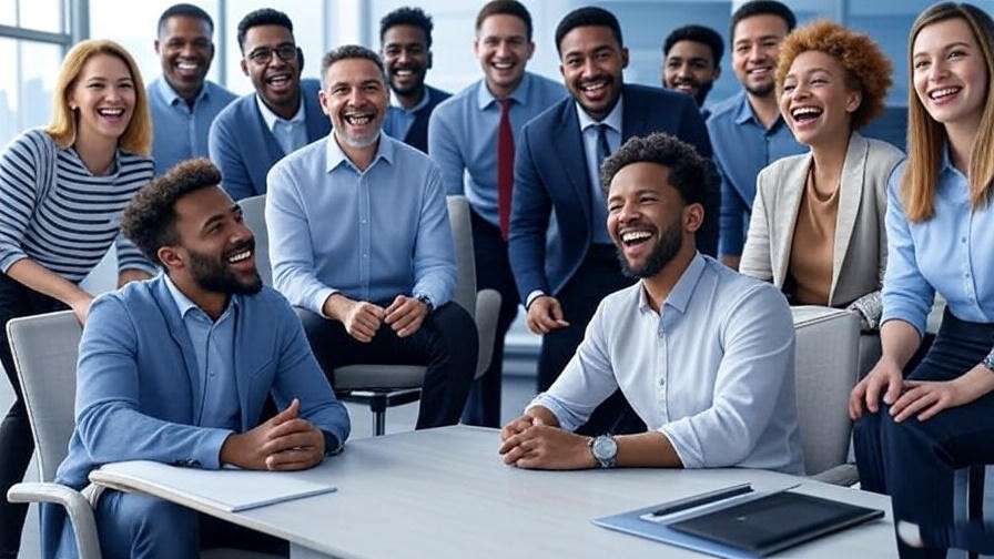 Diverse team laughing in a modern office, promoting workplace happiness with humor. 
