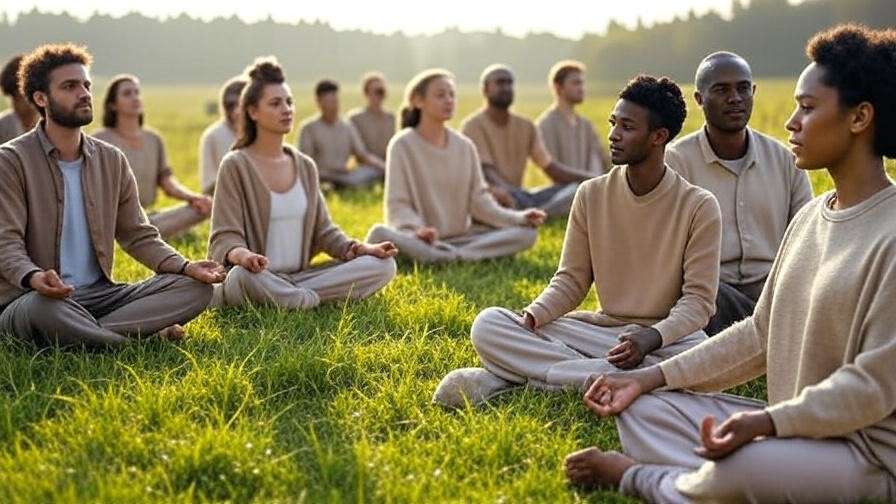 Group of people meditating outdoors in a serene grassy field during an orgasmic meditation class.