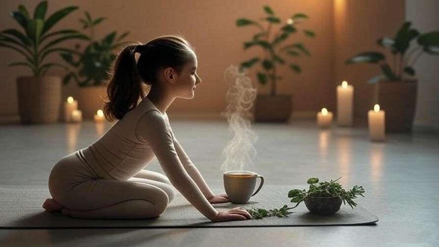 Person doing yoga with a cup of sleeper tea in a calm room for better sleep.