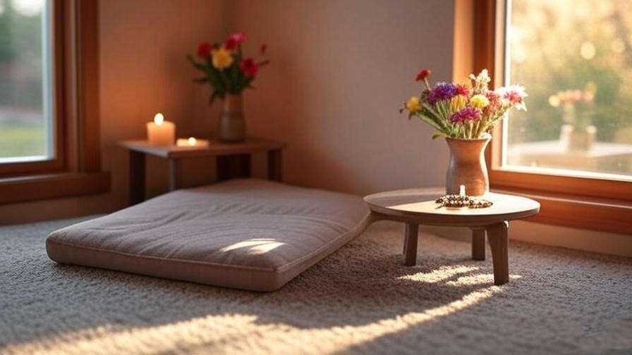  A cozy meditation corner with candles, flowers, and a Rosary on a cushioned mat, illuminated by natural light.
