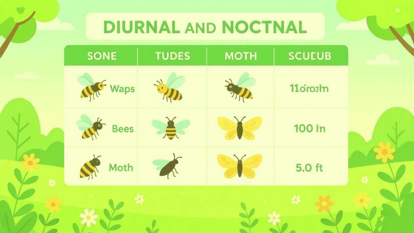 Infographic table comparing diurnal and nocturnal insects in nature