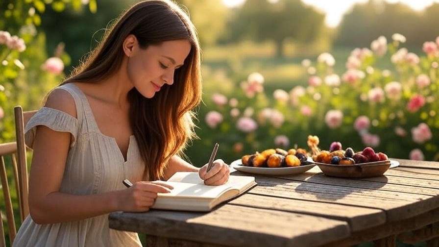 Person journaling in a garden with a healthy plant-based meal.