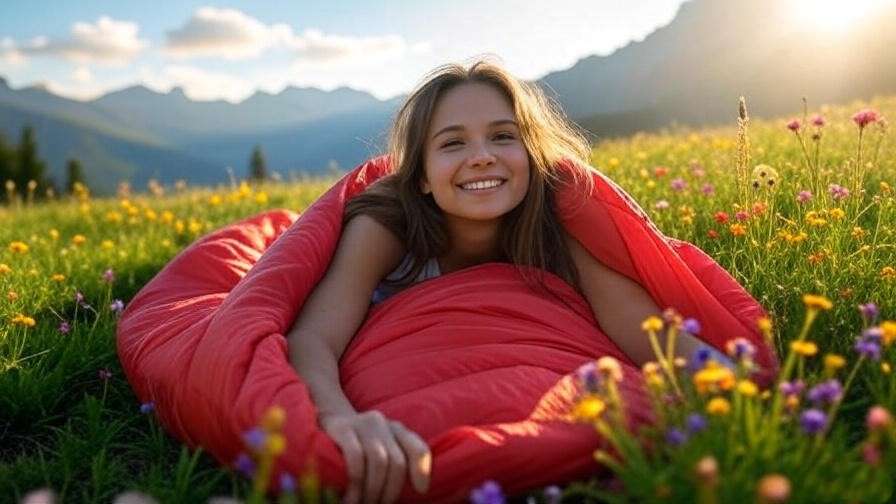 Happy camper waking up from a summer sleeping bag at sunrise in a meadow.