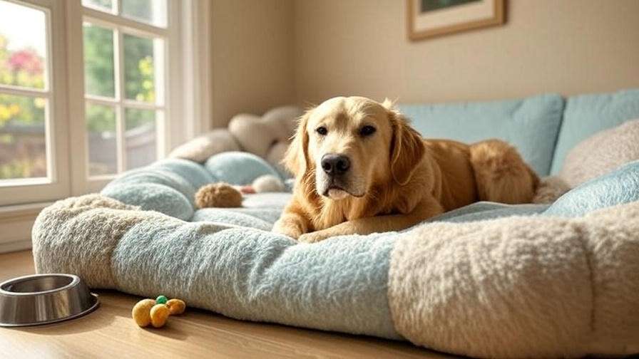 Dog resting on a cozy bed in a sleep-friendly room with toys, promoting dog sleep health.