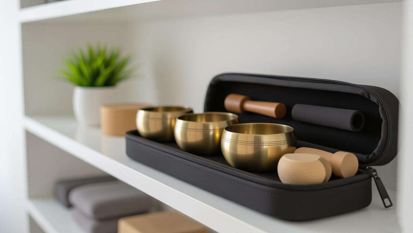 Well-maintained meditation bowl set stored with carrying case, cushions, and mallets.