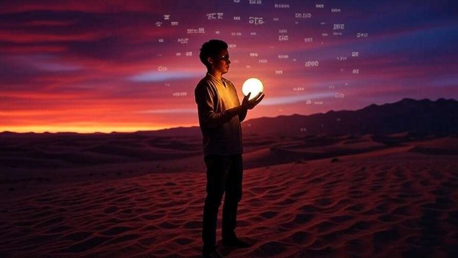 Person holding a glowing orb in a desert with floating financial symbols representing investment options.