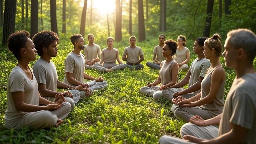 A diverse group meditating together in a forest clearing with a certified TM instructor.