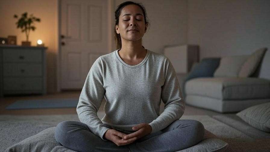 Parent practicing mindfulness in a cozy home setting, supporting well-being during baby sleep training.
