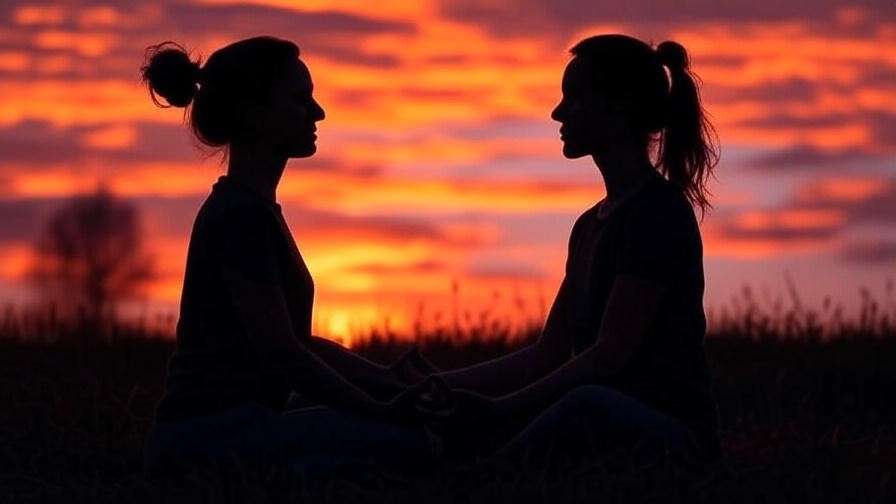 Silhouetted figures meditating together at dusk symbolizing success.