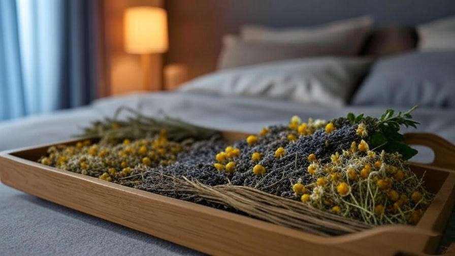 Dried herbs like chamomile, valerian, and lavender on a wooden tray in a cozy bedroom for sleeper tea ingredients.
