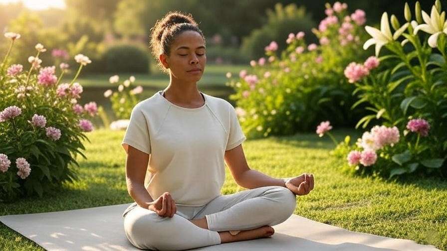 Person meditating in a tranquil garden with flowers and a pond for holistic well-being.