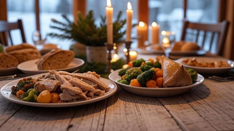 Healthy holiday dinner with lean turkey and vegetables for better sleep on Christmas Eve.