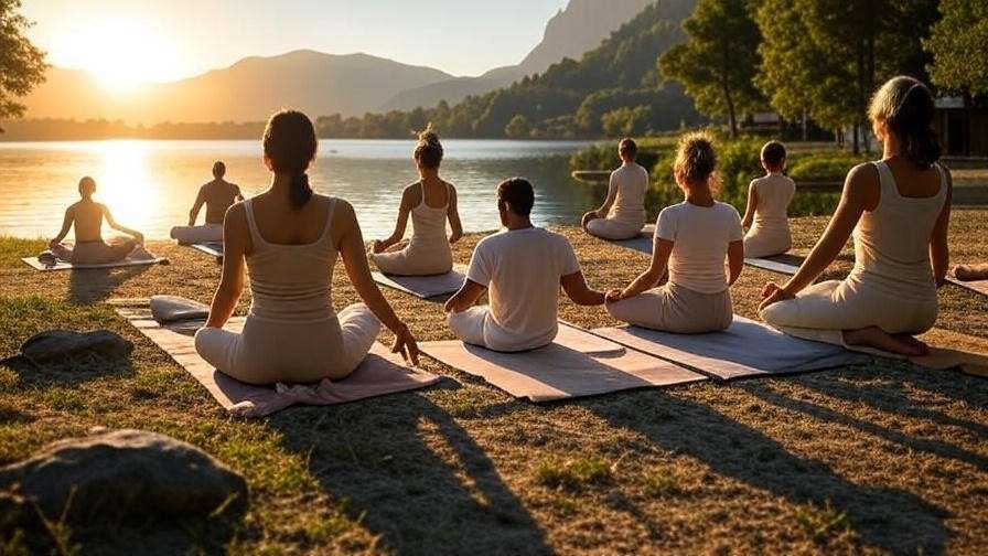 Lakeside tantra meditation retreat with people practicing yoga poses.