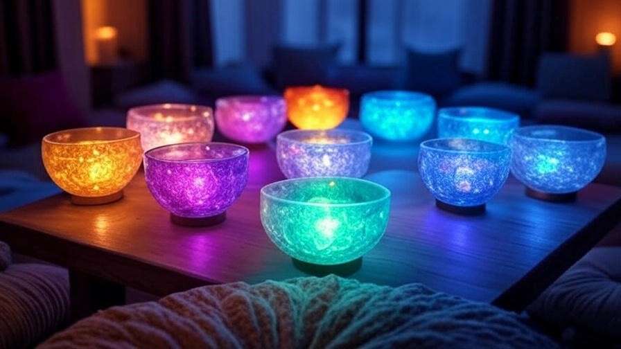 Chakra meditation bowls glowing with multicolored lights on a wooden table in a serene meditation room.