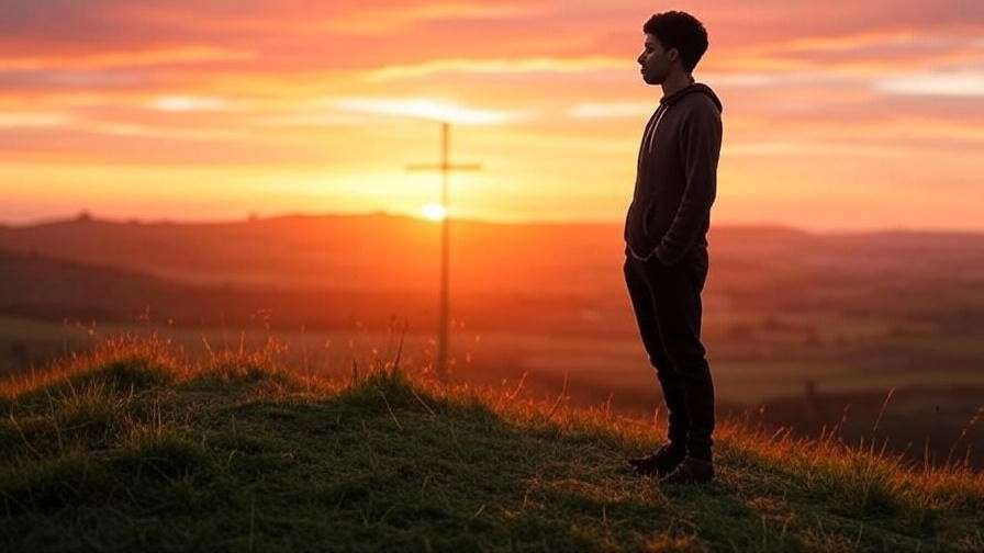 Person on hill with cross silhouette and sunrise for resilience